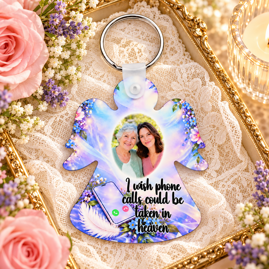 Personalised Phone Calls to Heaven memorial angel keyring with family photograph, lilac flowers, white feather and phone illustration