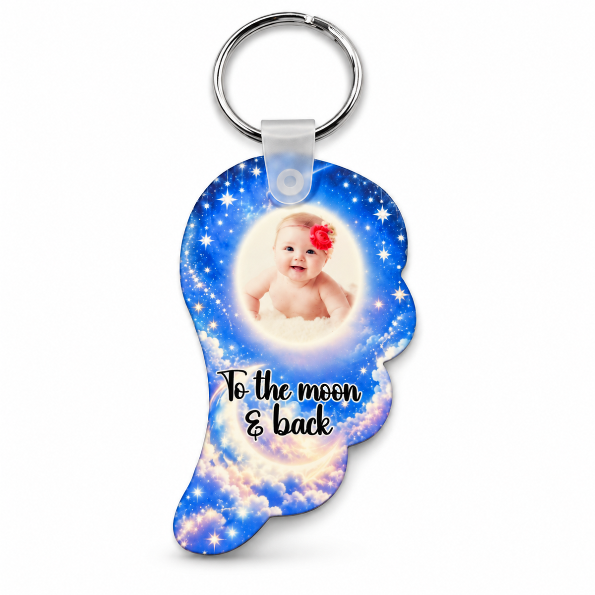 Personalised blue moon and stars angel wing acrylic keyring with baby photograph and To the Moon and Back wording