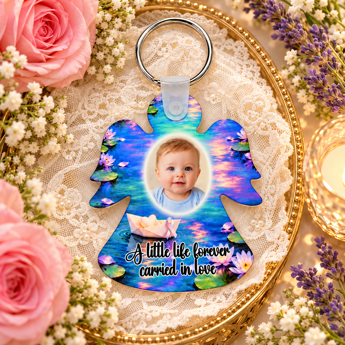 Personalised baby loss memorial angel keyring with baby photograph, colourful water lilies and A little life forever carried in love verse