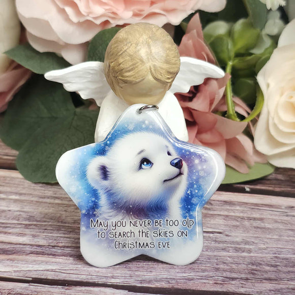 May you never be too old to search the skies on christmas eve, Polar bear Christmas star ornament, Christmas gift, keepsake
