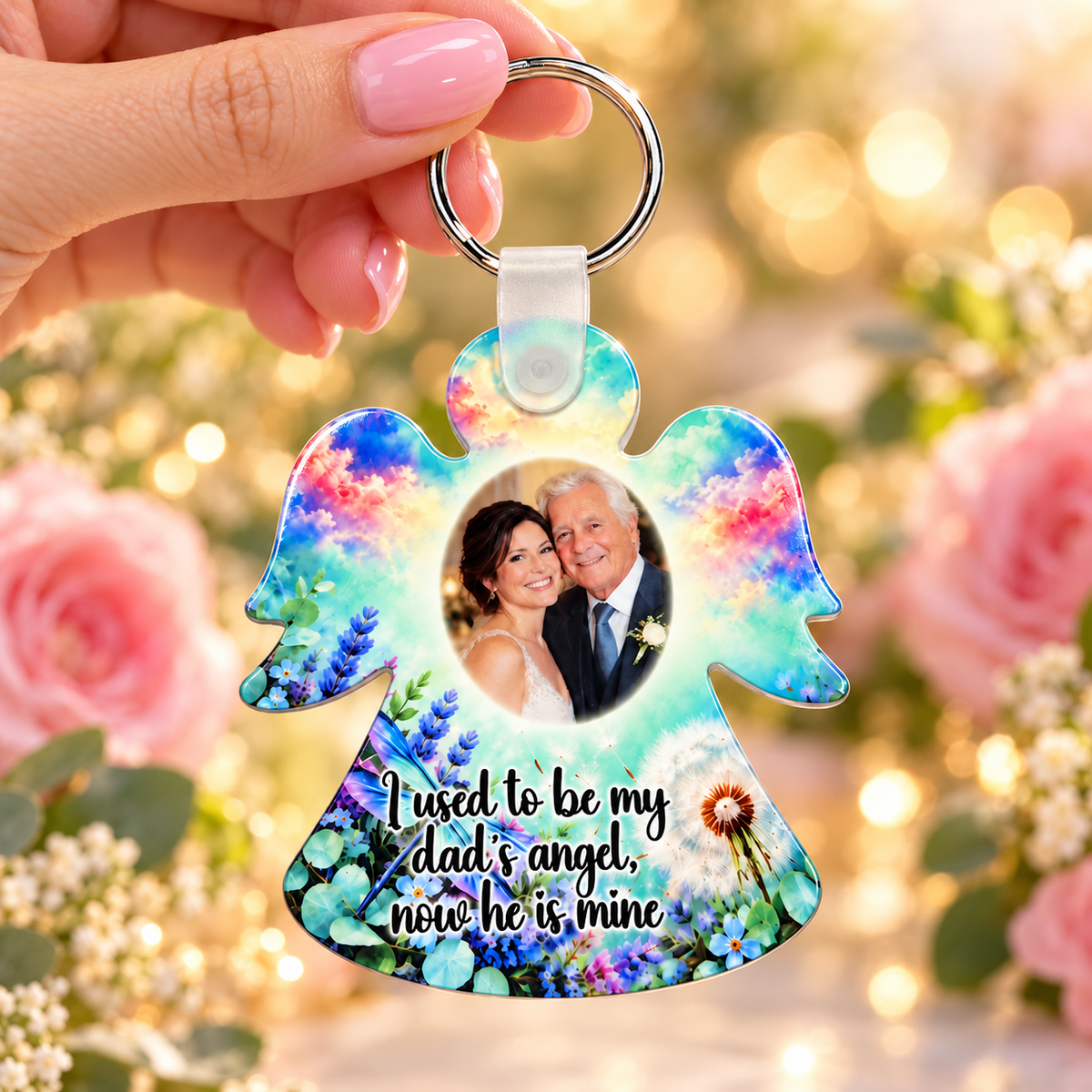 Dad remembrance angel photo keyring held in hand with I used to be my dad's angel now he is mine wording