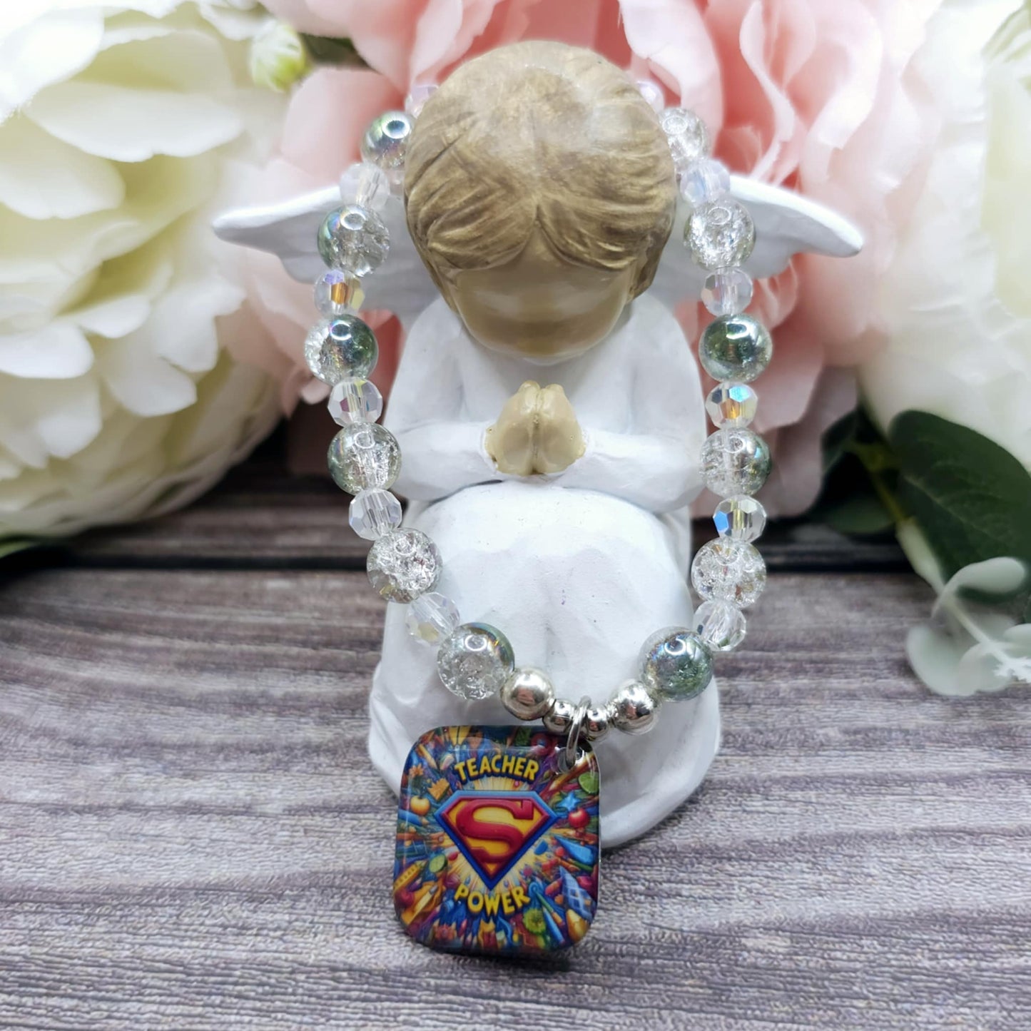 16cm Teacher super power Handmade Beaded Bracelet with Unique Charm – Glass or Gemstone Beads  (155)