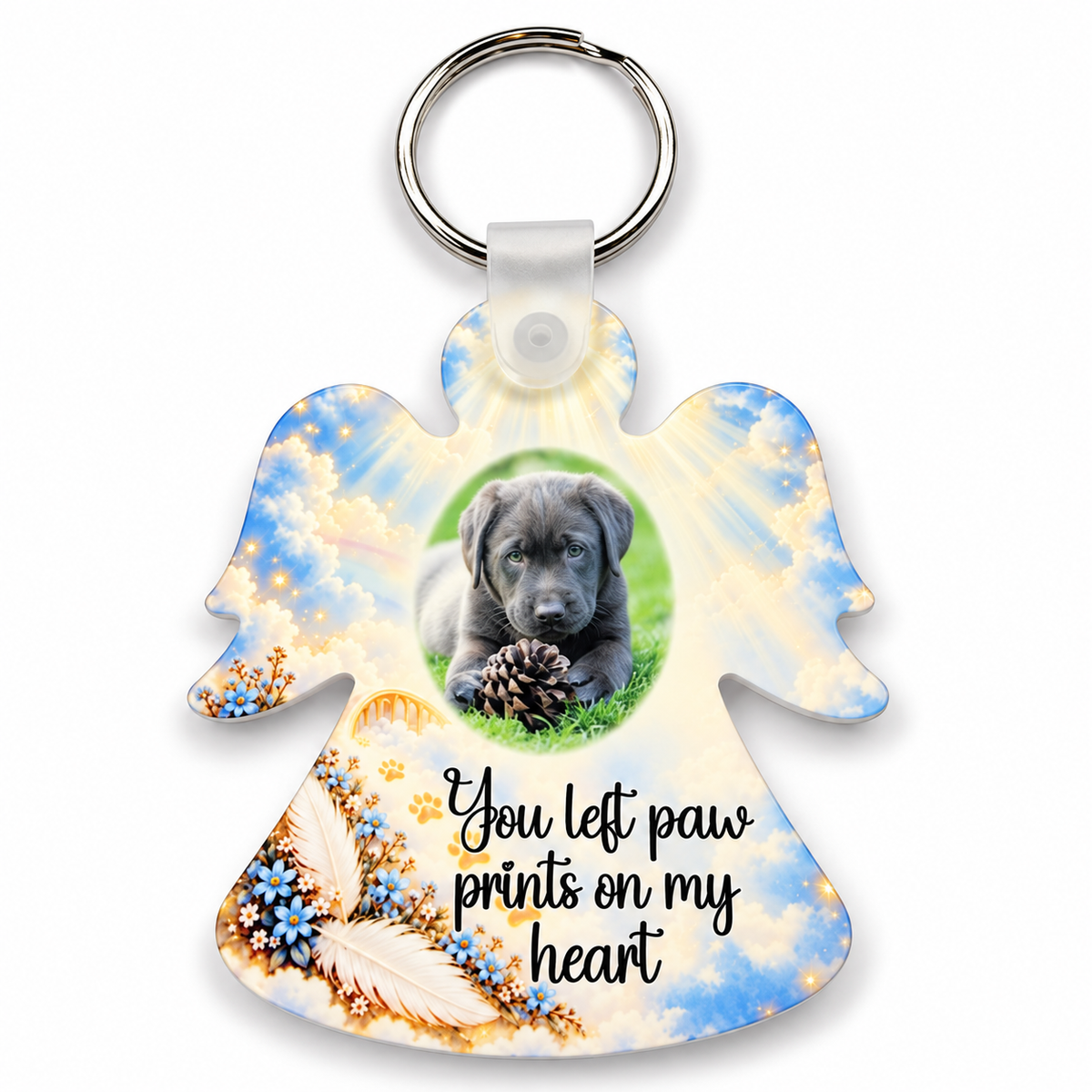Personalised dog memorial angel keyring with puppy photograph, blue heavenly clouds, white feathers and You Left Paw Prints on My Heart verse
