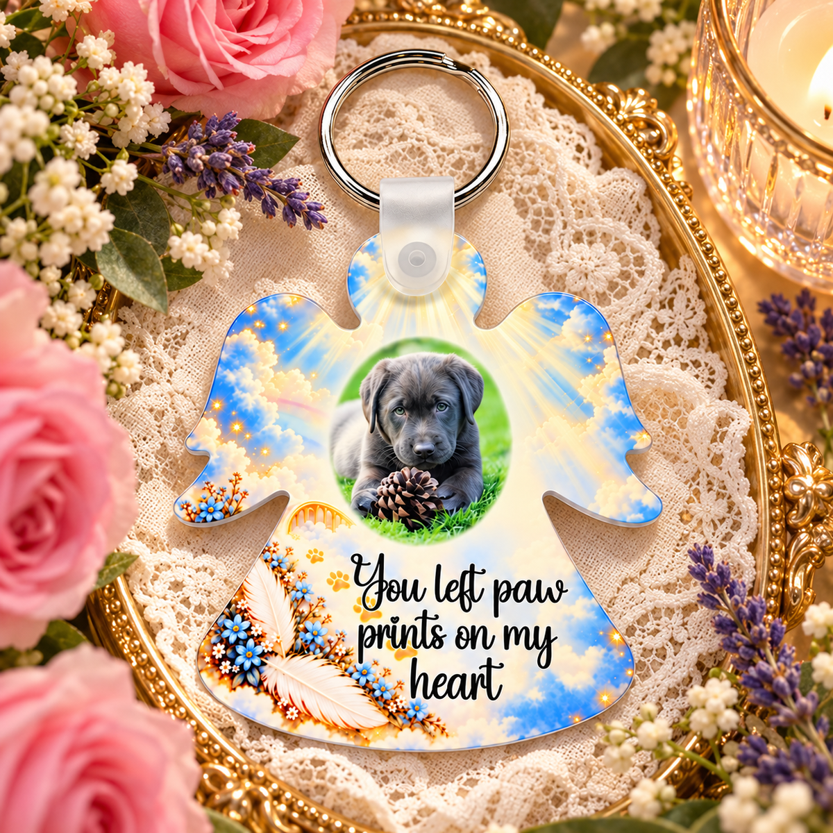 Dog memorial acrylic angel keyring with personalised puppy photograph displayed on a gold tray with lace, pink roses and lavender