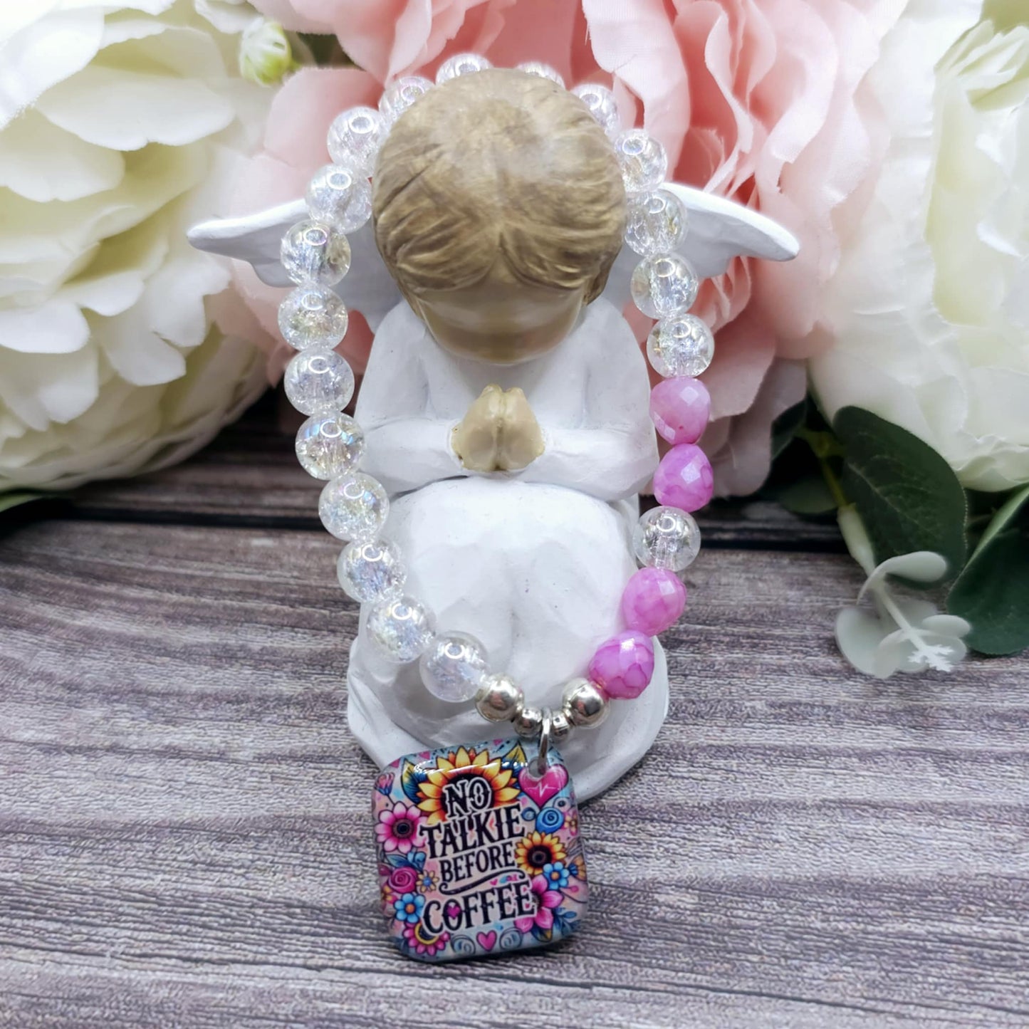 17cm no talkie before coffee Handmade Beaded Bracelet with Unique Charm – Glass or Gemstone Beads  (145)
