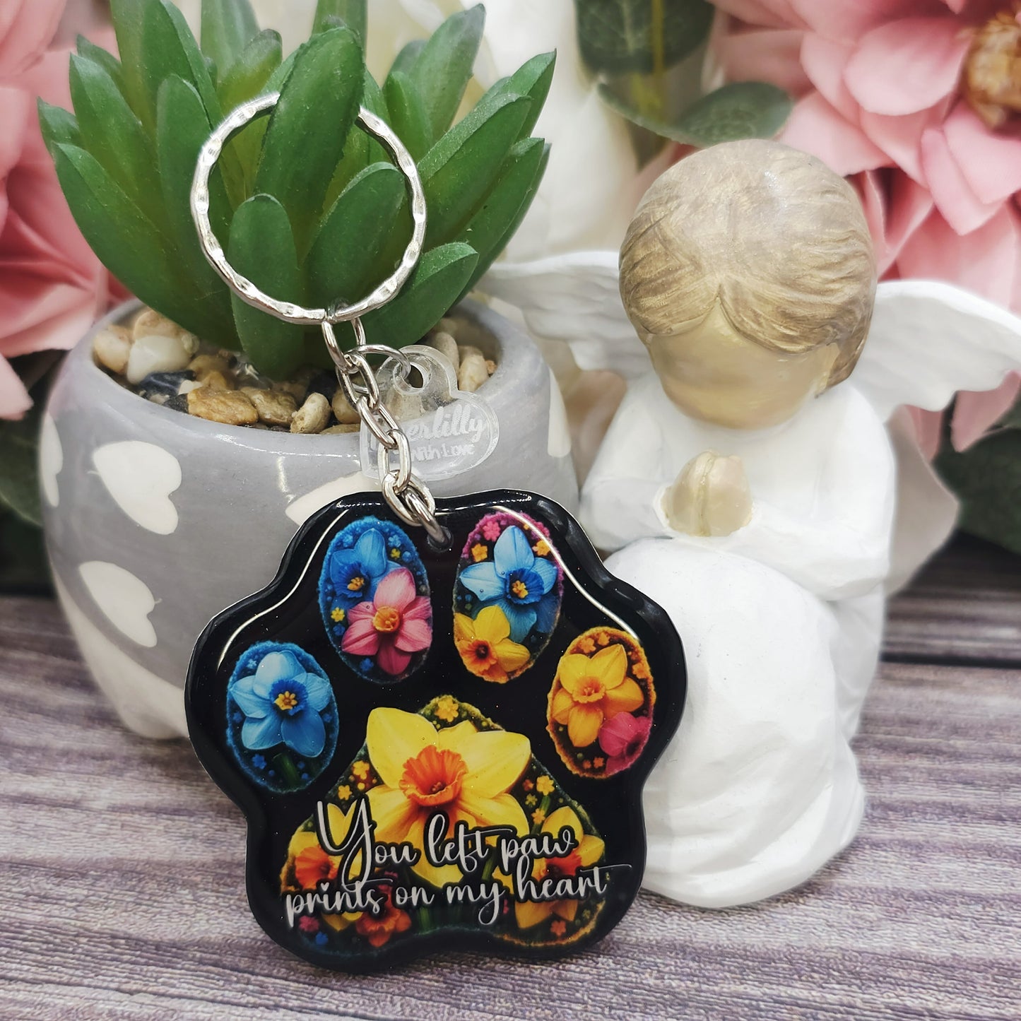 Daffodil you left paw prints on my heart pet paw keyring keepsake