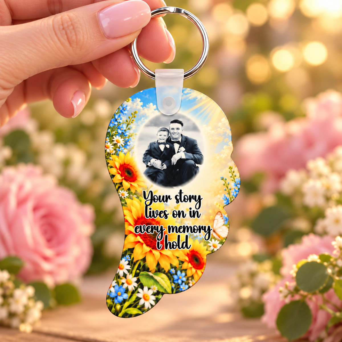 Sunflower memorial angel wing photo keyring held in hand against a soft pink floral background
