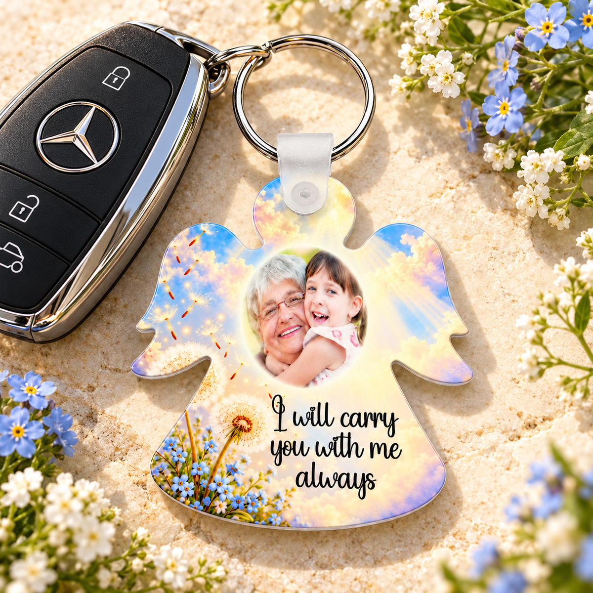 Personalised angel remembrance keyring displayed beside car keys with blue forget-me-not flowers and dandelion design