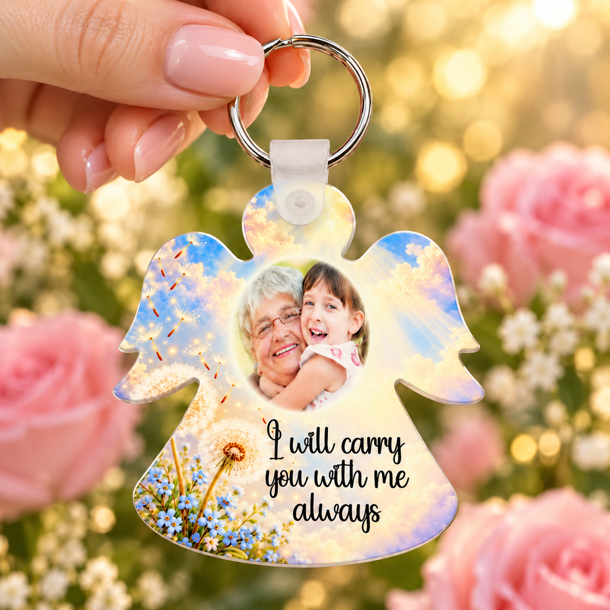 Personalised memorial angel photo keyring held in hand featuring golden heavenly clouds and I Will Carry You With Me Always verse