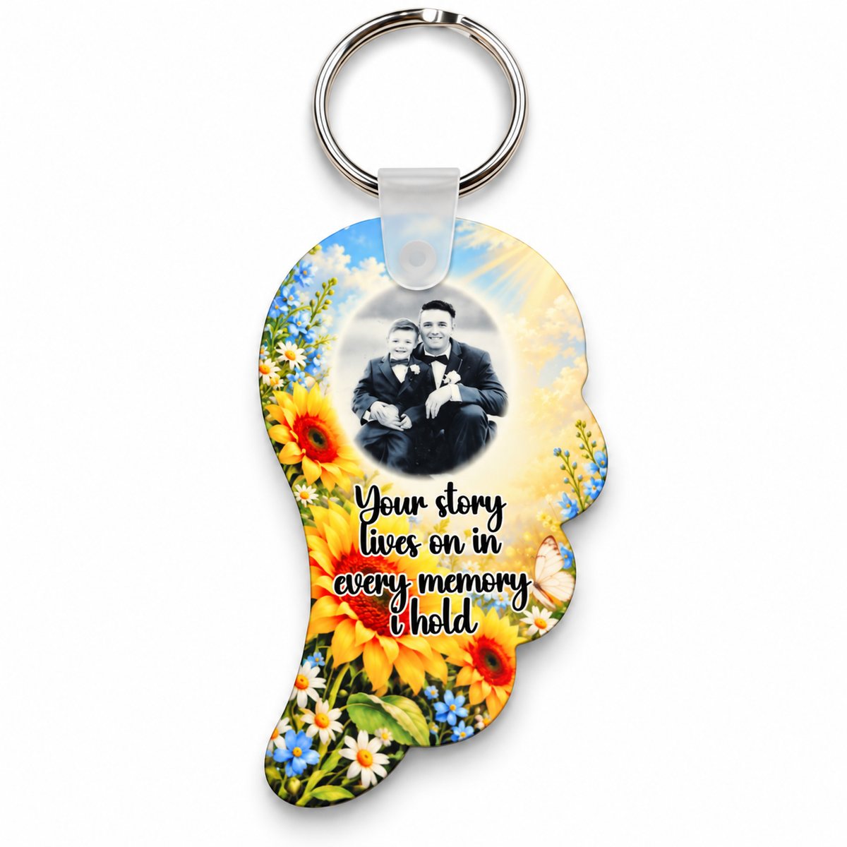 Personalised sunflower memorial angel wing acrylic keyring with photo, yellow sunflowers and Your Story Lives On remembrance verse