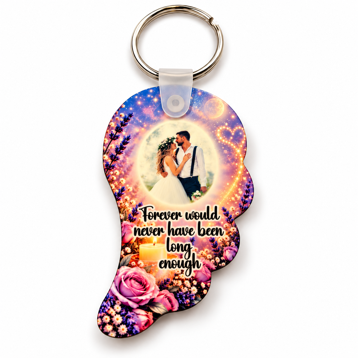 Personalised angel wing memorial keyring with purple pink sky, roses, candle, photo and Forever Would Never Have Been Long Enough verse