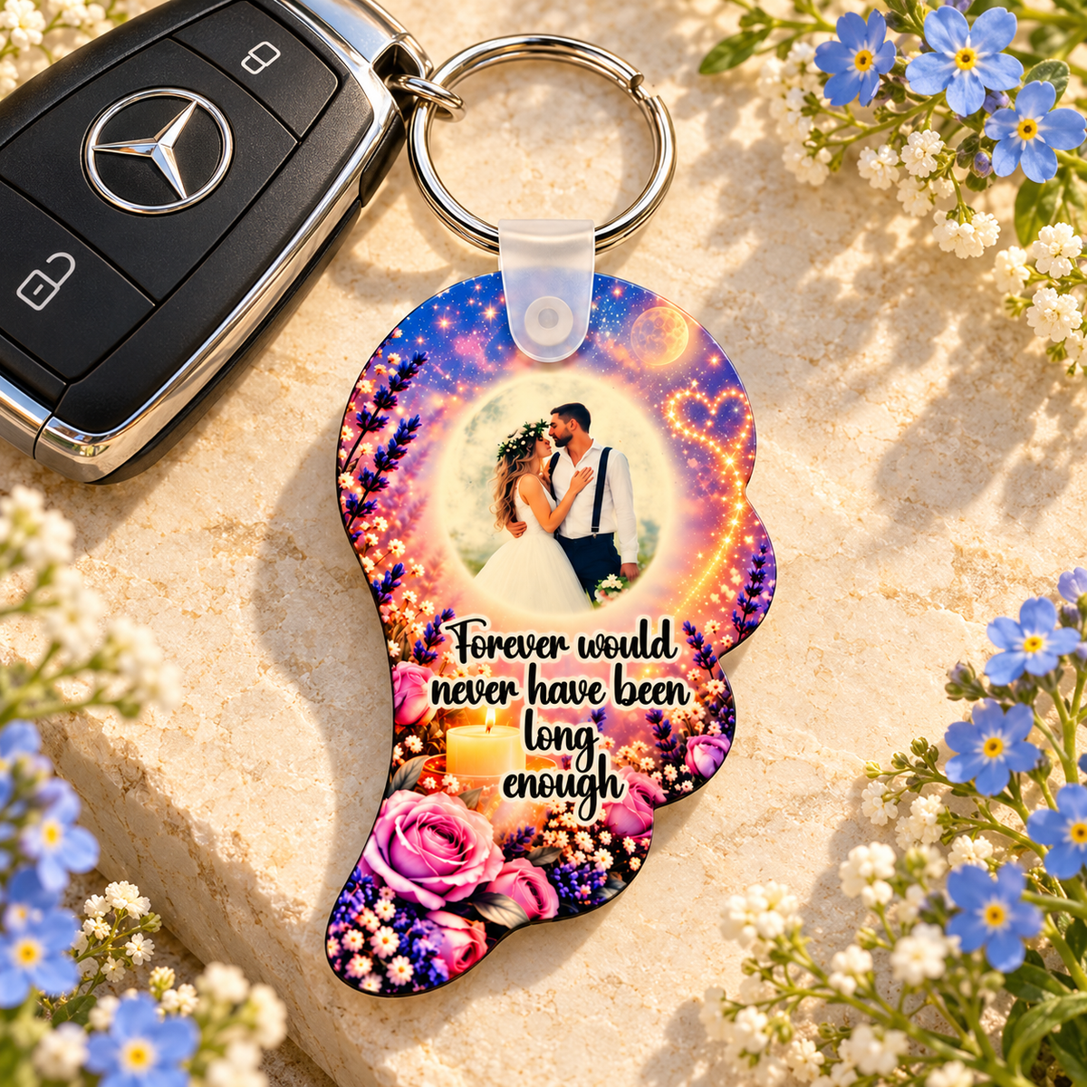 Forever memorial angel wing keyring displayed beside Mercedes car keys and delicate blue flowers