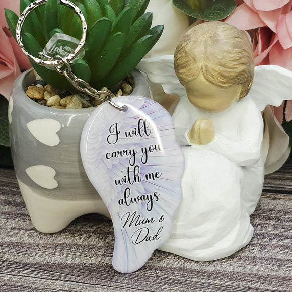 Mum & Dad, i will carry you with me always angel wing keyring, verse keyring, keepsake