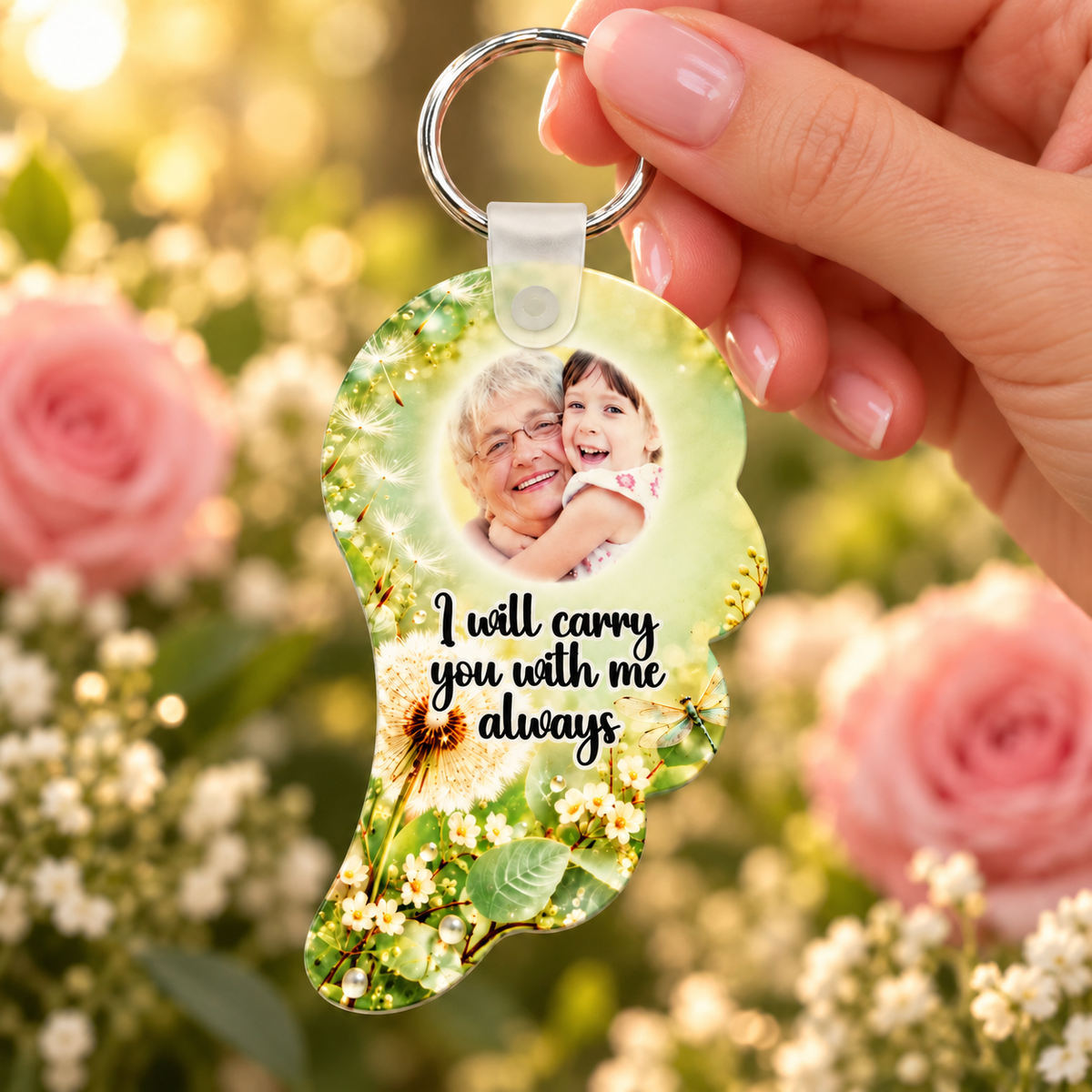 Green botanical angel wing memorial photo keyring held in hand against soft pink roses