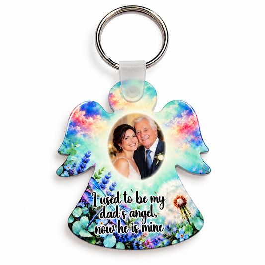 Personalised Dad memorial angel keyring with father and daughter photograph, colourful flowers, dandelions and Daddy's Angel verse