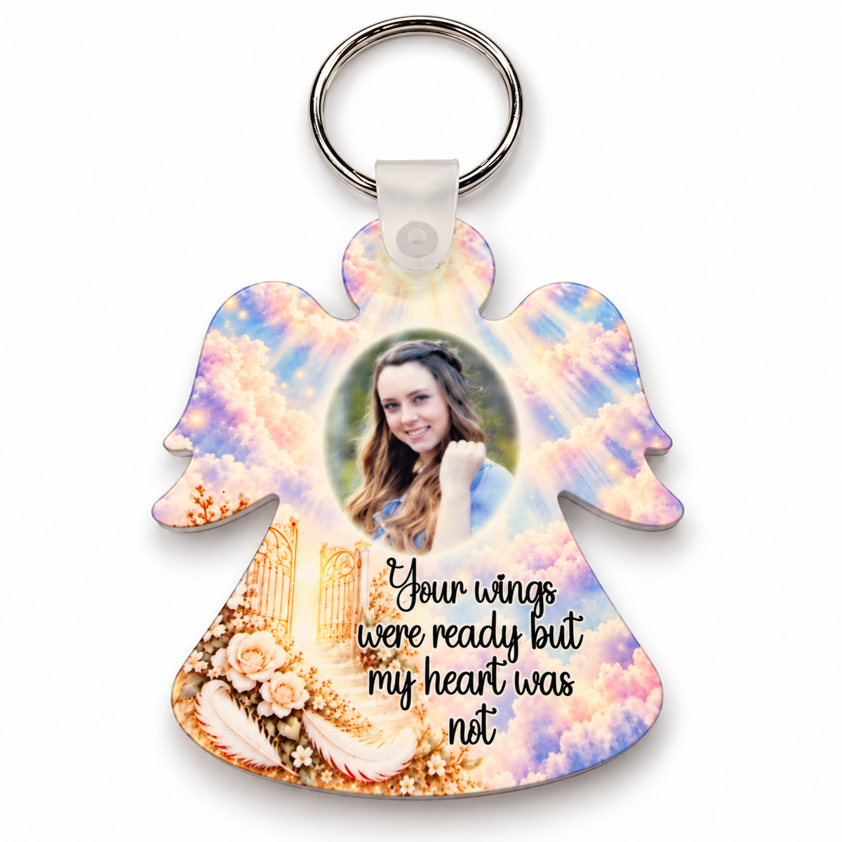 Personalised Heaven's Gates angel memorial keyring with photograph, golden gates, white feather and Your Wings Were Ready remembrance verse