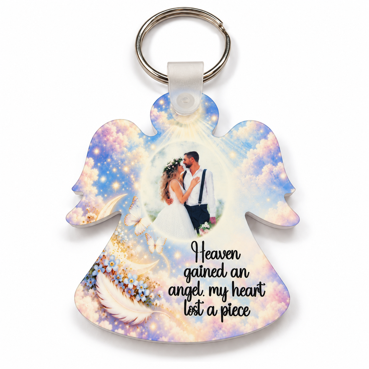 Angel-shaped acrylic memorial photo keyring with wedding couple photograph and Heaven gained an angel my heart lost a piece verse