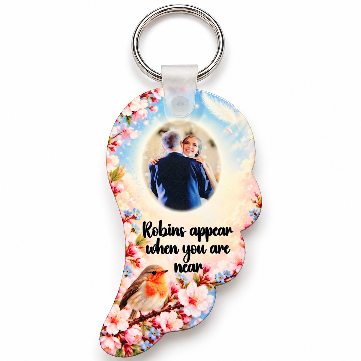Personalised robin memorial angel wing acrylic keyring with photo, pink blossoms and Robins Appear When You Are Near verse