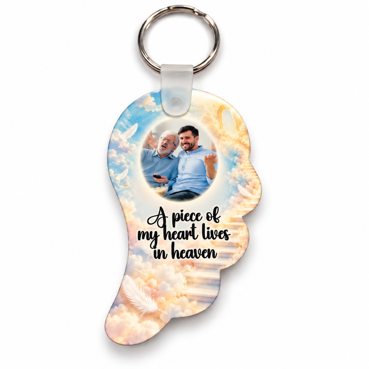 Personalised angel wing memorial keyring with photograph, golden staircase to heaven, white feathers and heartfelt remembrance verse