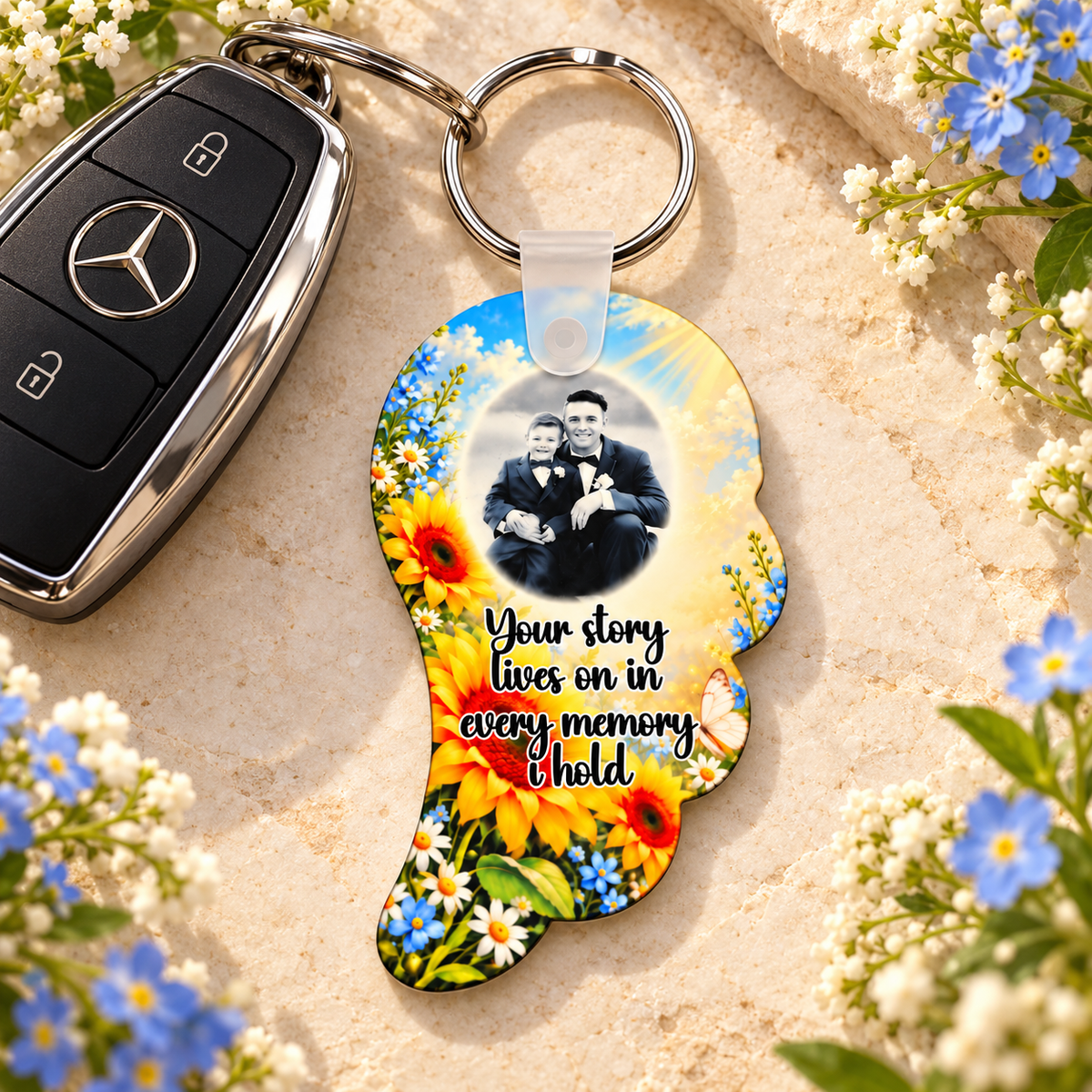 Personalised sunflower angel wing remembrance keyring beside car keys with blue forget-me-not flowers