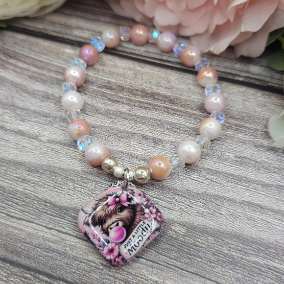 16cm just a little moody highland cow Handmade Beaded Bracelet with Unique Charm – Glass or Gemstone Beads  (136a)
