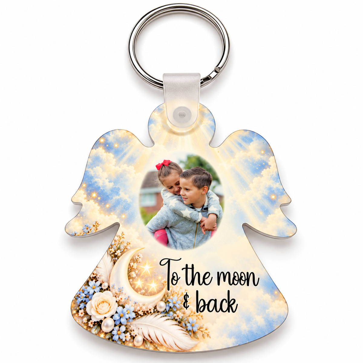 Personalised To the Moon and Back acrylic angel keyring with children's photograph, golden crescent moon, flowers and heavenly clouds