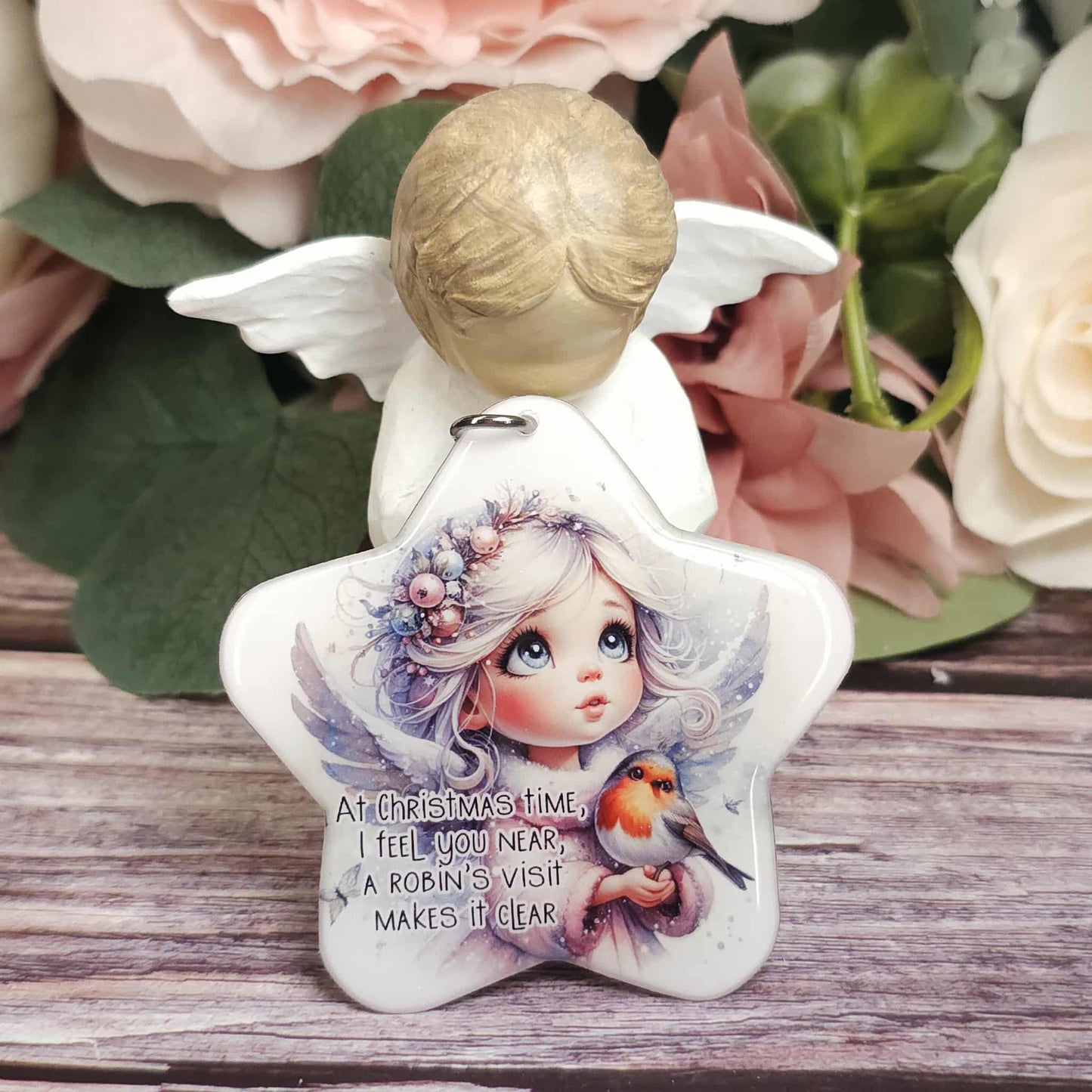 At christmas time i feel you near, A robin's visit makes it clear. Angel with robin Christmas star ornament, Christmas gift, keepsake