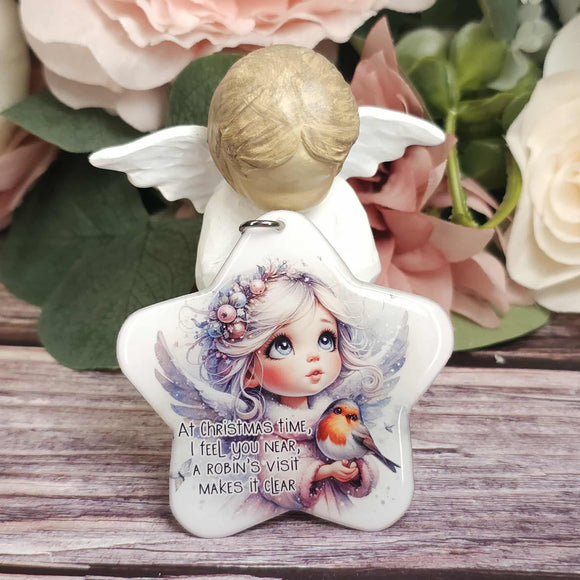 At christmas time i feel you near, A robin's visit makes it clear. Angel with robin Christmas star ornament, Christmas gift, keepsake