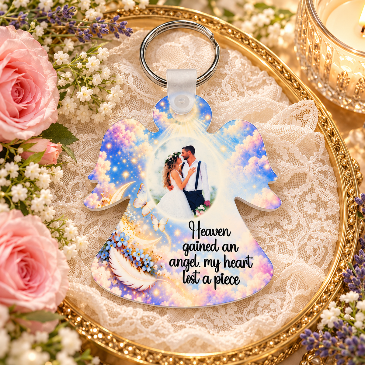 Personalised Heaven Gained an Angel memorial keyring with wedding photograph, pastel clouds, butterflies and white feather on a gold floral tray