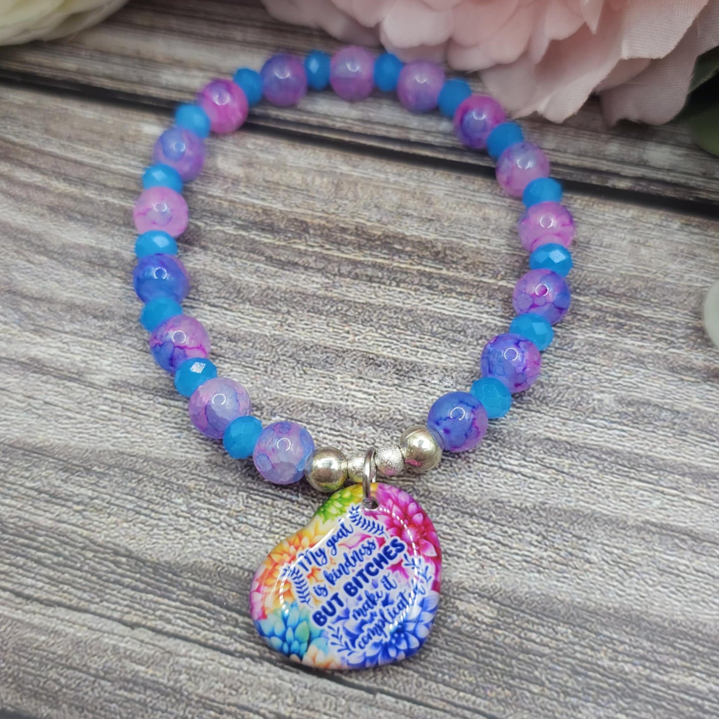 16cm My goal is kindness... Handmade Beaded Bracelet with Unique Charm – Glass or Gemstone Beads  (131a)