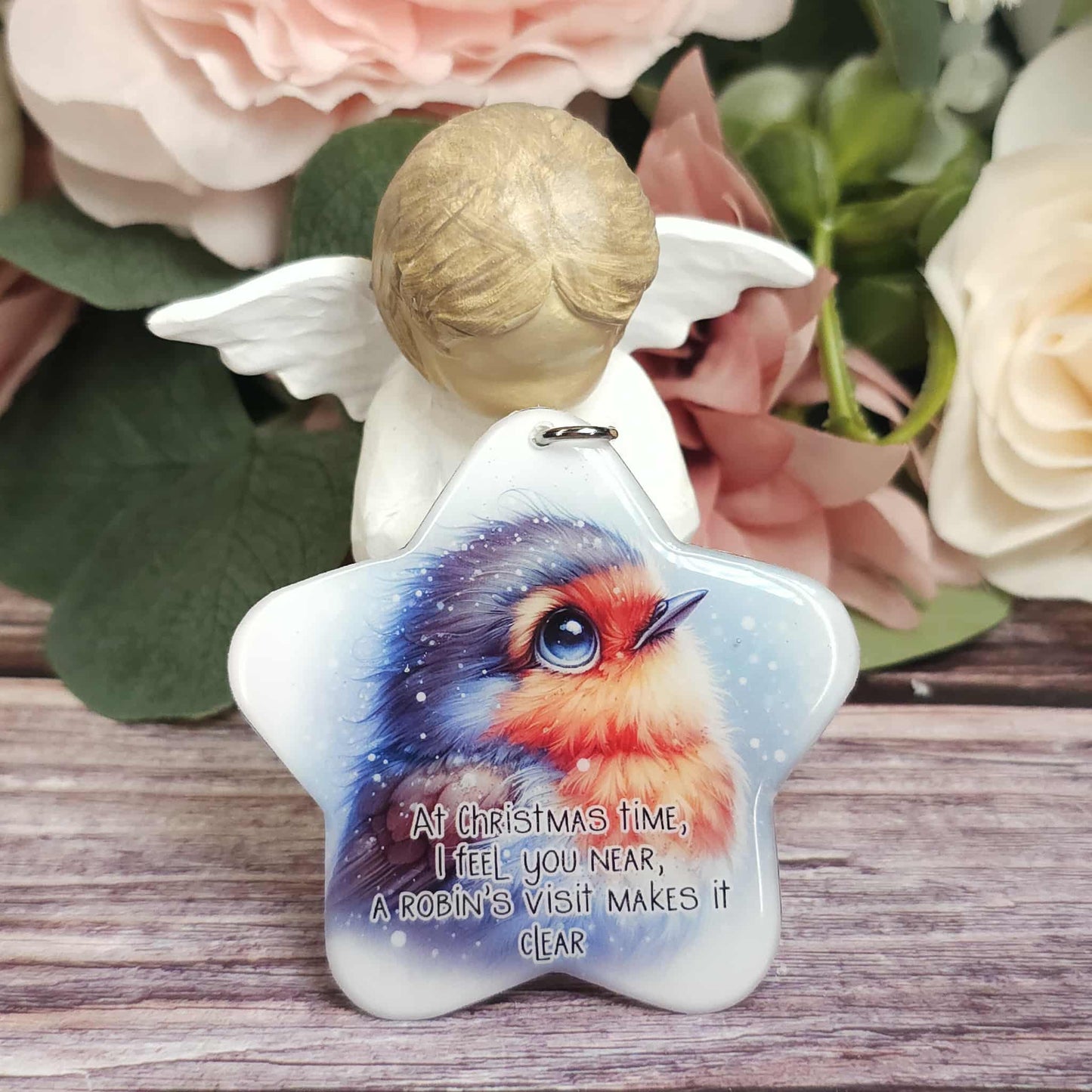 At christmas time i feel you near, A robin's visit makes it clear. Robin Christmas star ornament, Christmas gift, keepsake