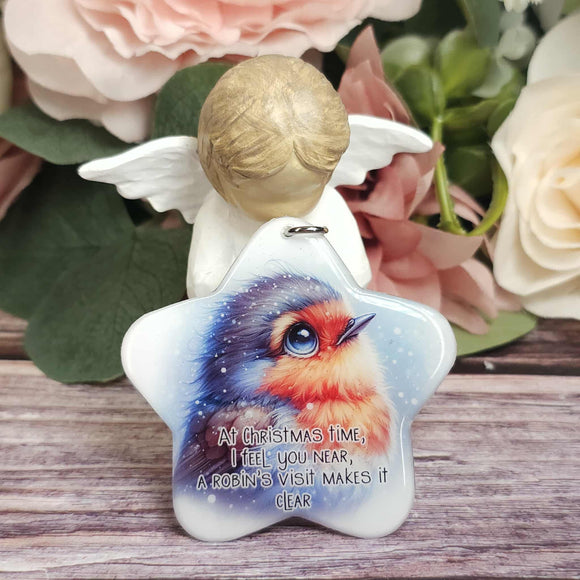 At christmas time i feel you near, A robin's visit makes it clear. Robin Christmas star ornament, Christmas gift, keepsake