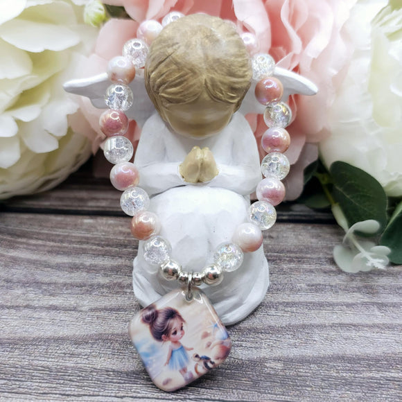 16cm Girl and turtle Handmade Beaded Bracelet with Unique Charm – Glass or Gemstone Beads  (159)