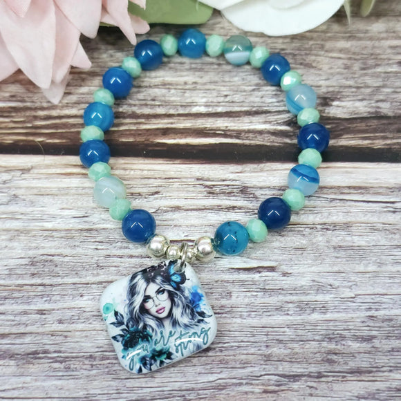 16cm You are strong Handmade Beaded Bracelet with Unique Charm – Glass or Gemstone Beads  (75a)