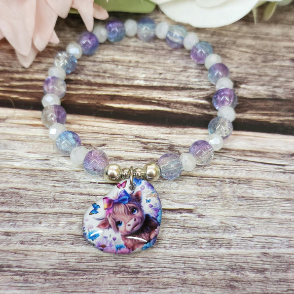 16cm Highland cow Handmade Beaded Bracelet with Unique Charm – Glass or Gemstone Beads (112a)