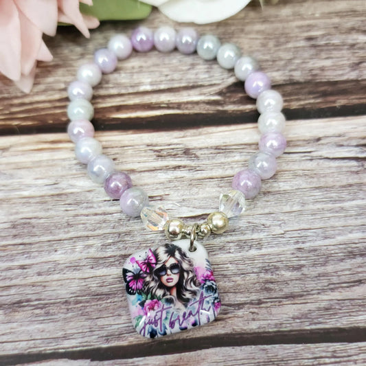 17cm Just breath Handmade Beaded Bracelet with Unique Charm – Glass or Gemstone Beads  (90a)