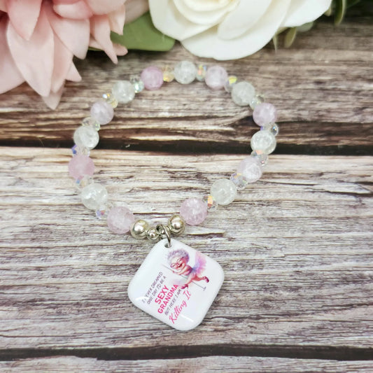 17cm Sexy grandma Handmade Beaded Bracelet with Unique Charm – Glass or Gemstone Beads (93a)