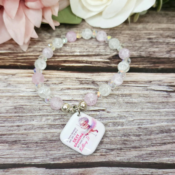 17cm Sexy grandma Handmade Beaded Bracelet with Unique Charm – Glass or Gemstone Beads (93a)