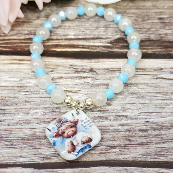 17cm Highland cow Handmade Beaded Bracelet with Unique Charm – Glass or Gemstone Beads  (100a)