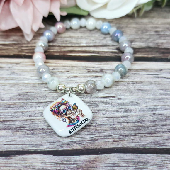 17cm Antisocial butterfly Handmade Beaded Bracelet with Unique Charm – Glass or Gemstone Beads  (115a)