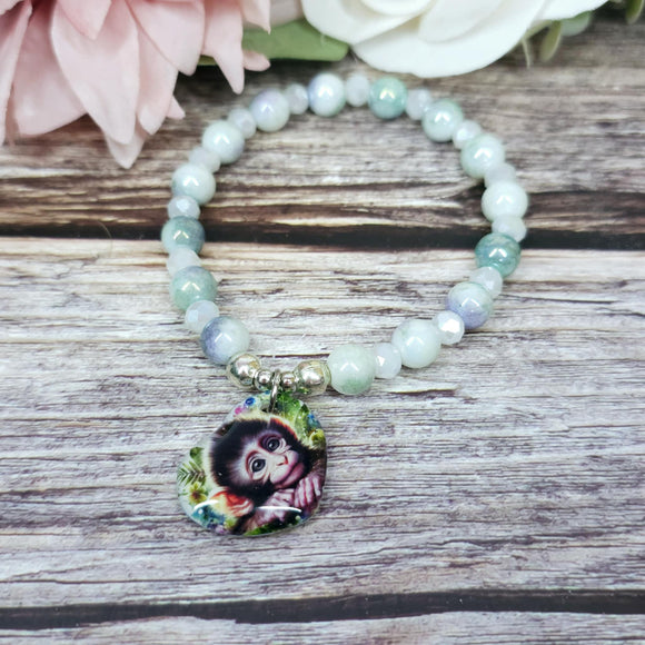 17cm Monkey Handmade Beaded Bracelet with Unique Charm – Glass or Gemstone Beads  (125a)