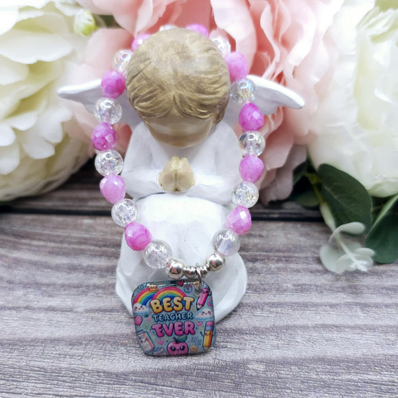 15cm Best teacher ever Handmade Beaded Bracelet with Unique Charm – Glass or Gemstone Beads (150)