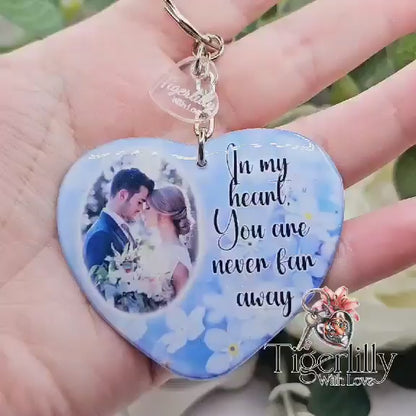 In my heart, you are never far away. personalised heart photo keyring, verse keyring, keepsake