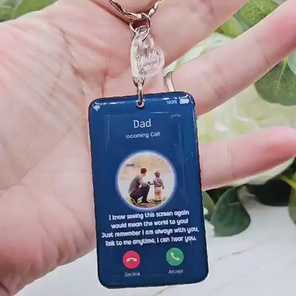 mobile phone call screen personalised photo keyring, verse keyring, keepsake