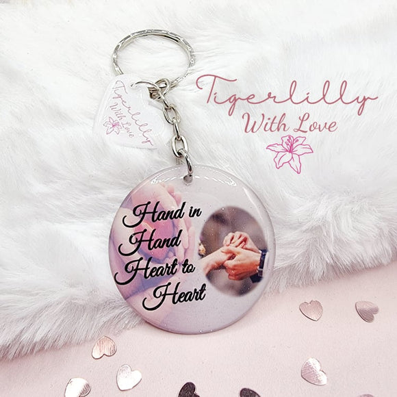 hand in hand, heart to heart personalised photo keyring, verse keyring, keepsake