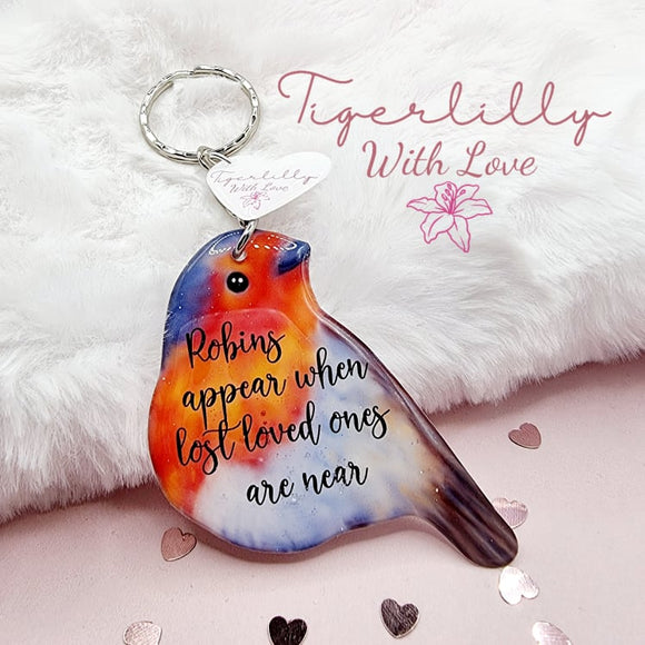 robins appear when lost loved ones are near, robin shaped keyring, verse keyring, keepsake