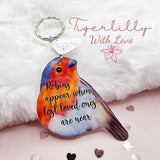 robins appear when lost loved ones are near, robin shaped keyring, verse keyring, keepsake