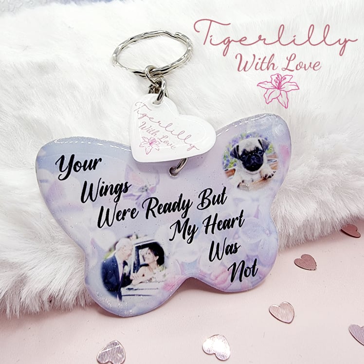 your wings were ready butterfly shaped personalised photo keyring, verse keyring, keepsake
