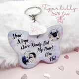 your wings were ready butterfly shaped personalised photo keyring, verse keyring, keepsake