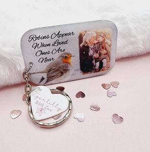 robins appear when loved ones are near personalised photo keyring, verse keyring, keepsake